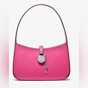 Michael Kors Lyra Small Leather Pouchette Dragonfruit Pink Silver Charm Purse